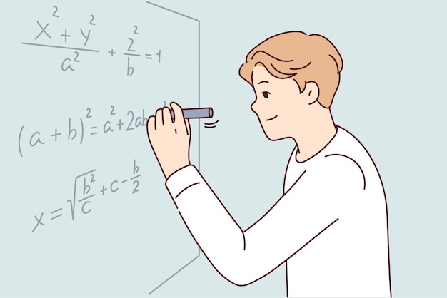 El hombre resuelve problemas matemáticos complejos completando tareas de profesor universitario Imagen vectorial