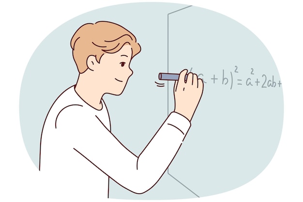 Vector hombre resuelve problemas matemáticos complejos completando tareas de profesor universitario imagen vectorial