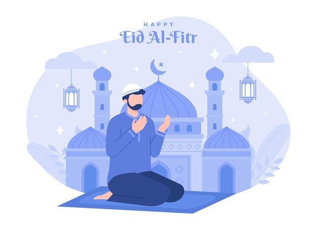 Un hombre rezando y desea feliz ramadhan Eid al fitr ilustración Ilustración plana vectorial moderna