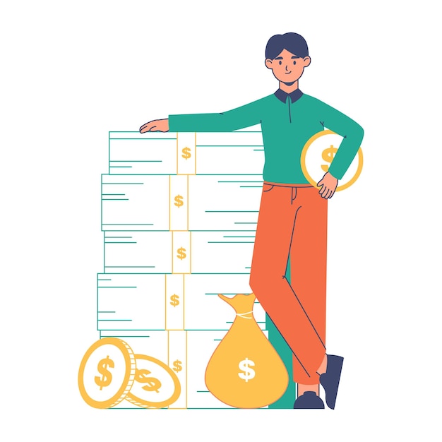Hombre rico exitoso Personaje masculino con una pila de dinero Bienestar financiero Hombres que ahorran o invierten dinero Ilustración de vector plano Hombre financieramente exitoso