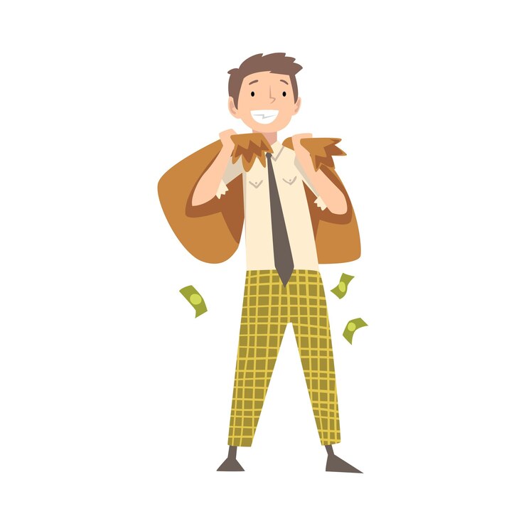 Vector hombre rico y feliz con bolsas de dinero hombre rico y exitoso millonario ilustración vectorial sobre fondo blanco