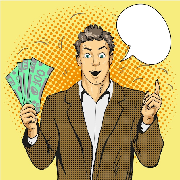 Hombre rico y guapo sostiene el dinero y señala con el dedo hacia arriba Ilustración vectorial de conceptos de negocios y finanzas en estilo de arte pop cómico retro
