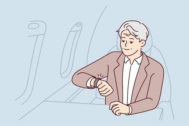 Hombre rico maduro mira el reloj sentado en el avión