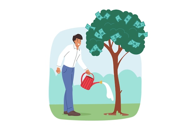 El hombre riega el árbol del dinero preocupado por el aumento del capital personal y la estabilidad financiera