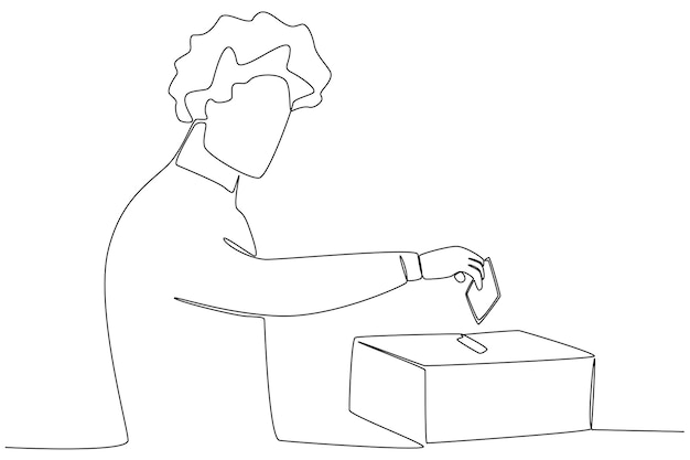 Un hombre con rizos ingresará los resultados de su votación en la urna Votar dibujo de una línea