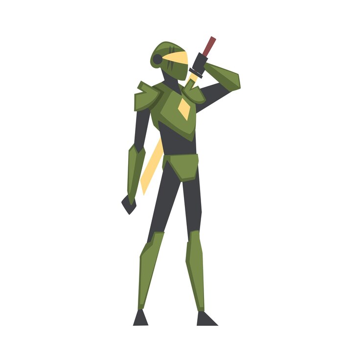 Vector hombre robótico con disfraz verde con espada cyborg personaje fiesta de carnaval mascarada o diseño de videojuegos en línea elemento de estilo de dibujos animados ilustración vectorial
