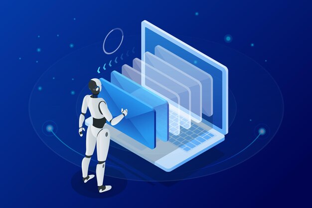 Hombre de robots isométricos con inteligencia artificial trabajando con una interfaz virtual en correos electrónicos de chatbot. Mensaje en línea chat social texto vector ilustración.