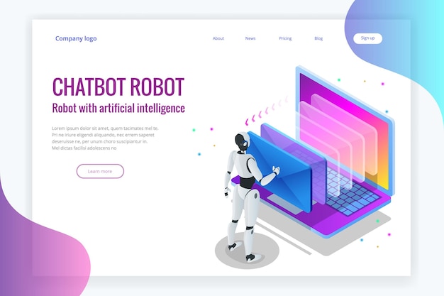 Hombre de robots isométricos con inteligencia artificial trabajando con una interfaz virtual en correos electrónicos de chatbot. Mensaje en línea chat social texto vector ilustración.