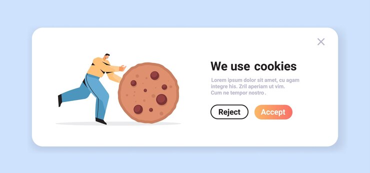 Vector hombre rodando la protección de cookies de la información personal en la web de internet pop-up usamos notificación de política de cookies