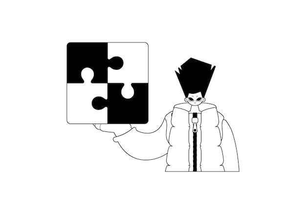 Hombre con un rompecabezas en la mano Arte de cable en blanco y negro Estilo de moda Ilustración vectorial