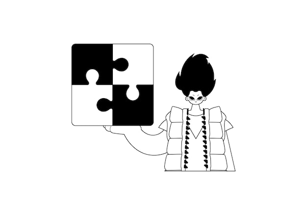 Hombre con un rompecabezas en su letra suma oscuridad y arte de cable blanco Estilo de moda Ilustración vectorial