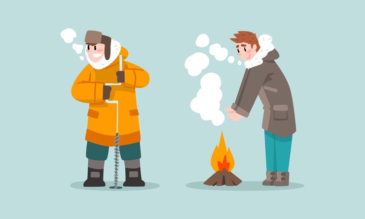 Vector hombre con ropa cálida de invierno pesca en el hielo perfora un agujero en un río o lago congelado y quema fuego