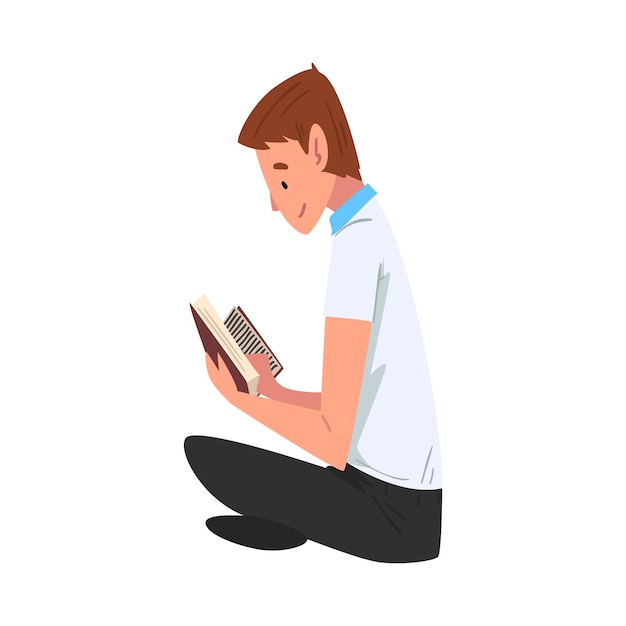Hombre con ropa casual leyendo un libro estudiante masculino sentado en el césped vista lateral vector de dibujos animados
