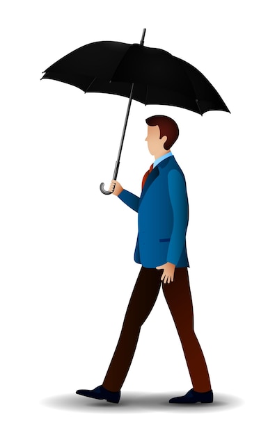 Hombre con ropa clásica camina bajo un paraguas Protección de la salud en mal tiempo lluvioso Vector en estilo de dibujos animados