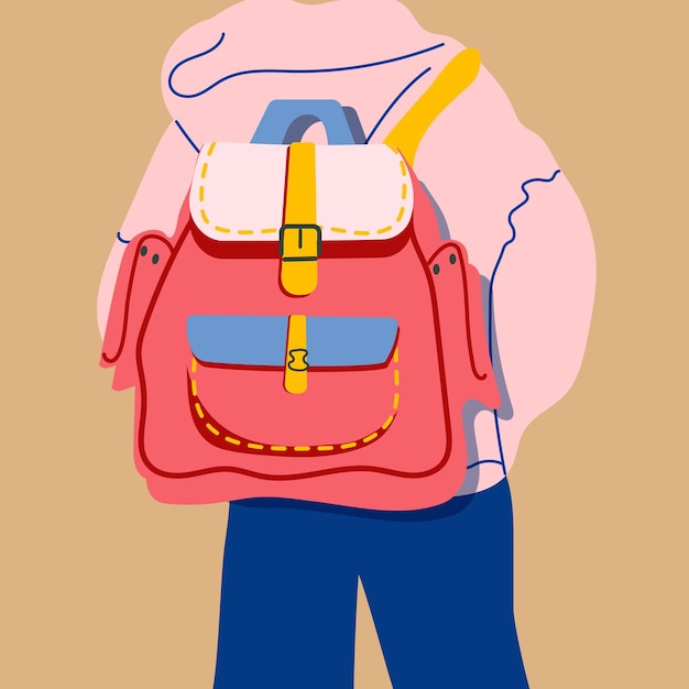 Vector un hombre con ropa de gran tamaño se para con una mochila roja. vista trasera. regreso a la escuela, universidad, educación.