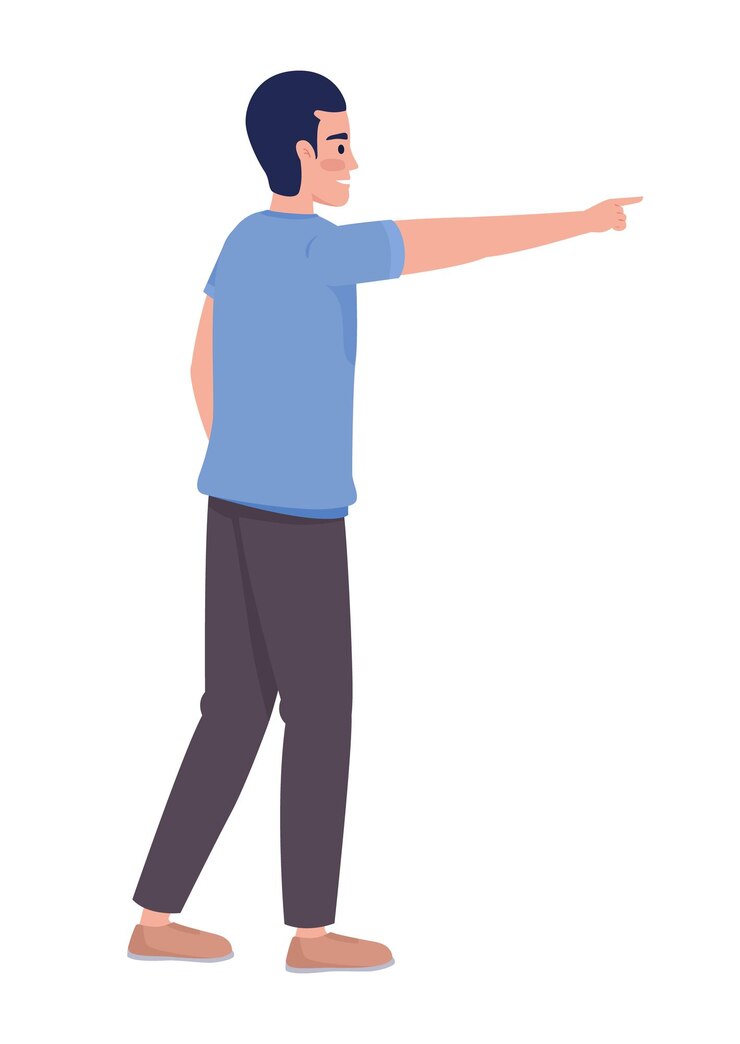 Vector hombre con ropa informal que muestra la dirección con el carácter vectorial de color semiplano del dedo