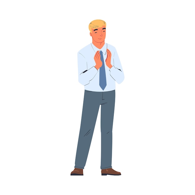 Hombre rubio personaje de pie ovación aplaudiendo sus manos como aplauso y aclamación gesto ilustración vectorial