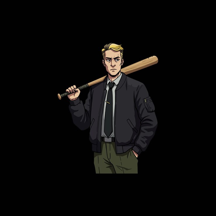 Vector hombre rubio en traje lleva un bate de béisbol