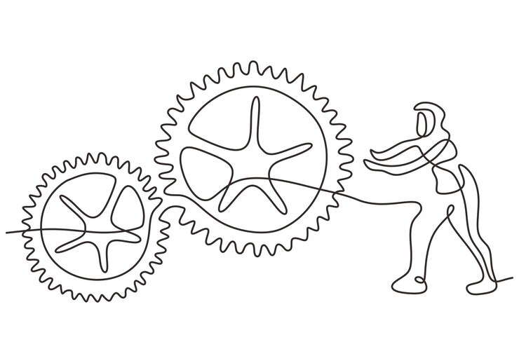 Hombre con ruedas de engranajes en movimiento en dibujo de línea continua diseño minimalista Plantilla de logotipo de empresa de símbolo de metal de rueda redonda para ilustración de vector de diseño gráfico de concepto de trabajo en equipo de negocios