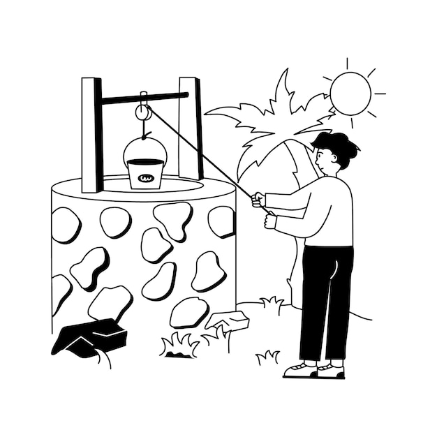 Un hombre sacando agua en un cubo de una ilustración vectorial de estilo moderno
