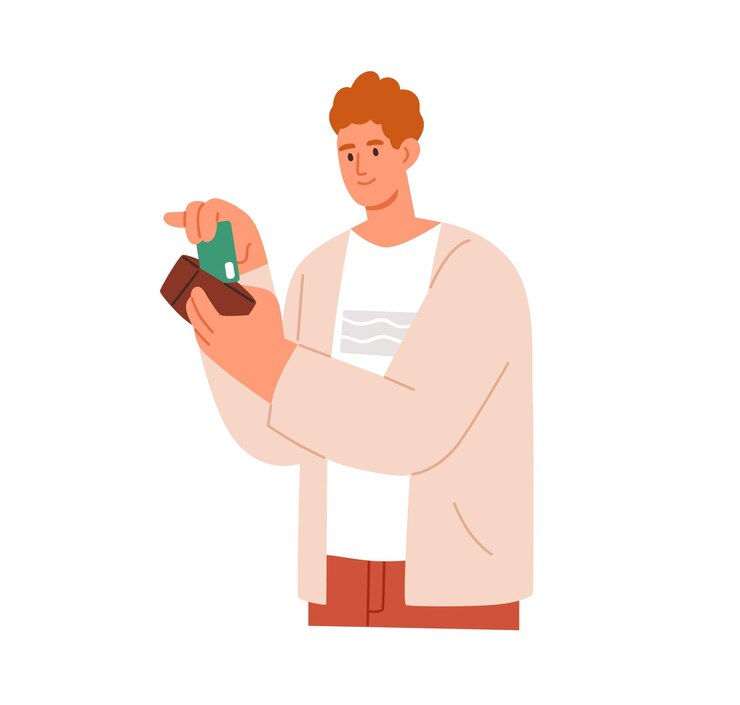 Vector hombre sacando su tarjeta de crédito o débito bancaria de plástico de la billetera. joven feliz listo para comprar y pagar sin efectivo. comprador realizando el pago. ilustración de vector plano aislado sobre fondo blanco.