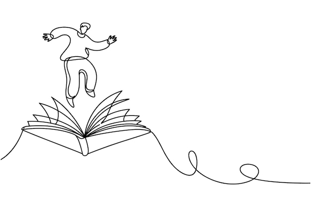 Hombre saltando de un concepto de libro de conocimiento y aprendizaje