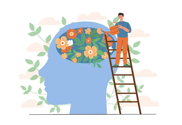 Hombre con salud mental Hombre joven cerca de silueta abstracta de cabeza con flores Conciencia y atención Sentimientos y emociones positivos Bienestar y bienestar Ilustración vectorial plana
