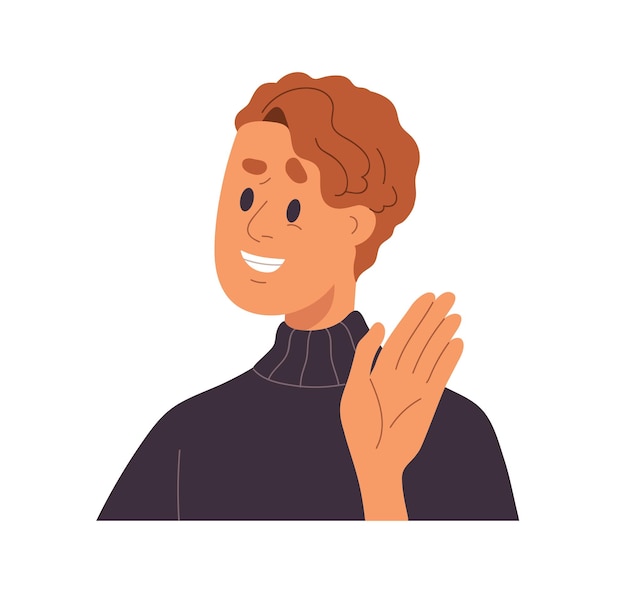 Hombre saludando a smb con falsa emoción positiva, fingiendo amistoso y feliz. Persona sonriendo, ocultando una reacción real con una expresión facial falsa. Ilustración de vector plano aislado sobre fondo blanco.