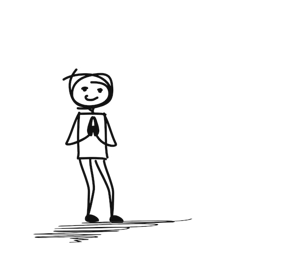 Hombre saludo postura namaste, Ilustración de Vector de dibujo dibujado a mano de dibujos animados.