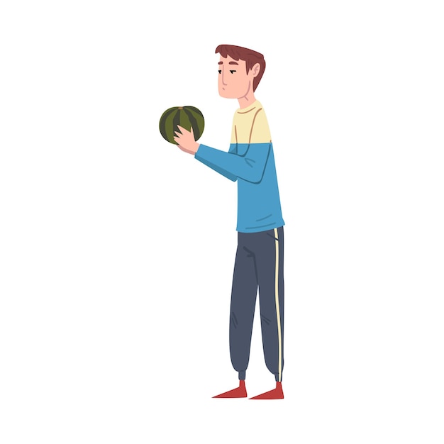 Hombre con sandía Hombre comprando comestibles en un centro comercial o supermercado Ilustración vectorial de estilo dibujos animados en fondo blanco