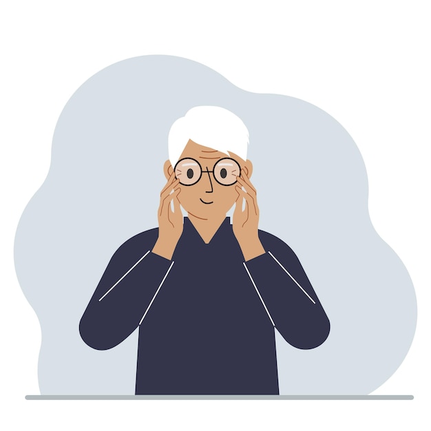 Hombre satisfecho con gafas. Concepto de problema de visión. Vector