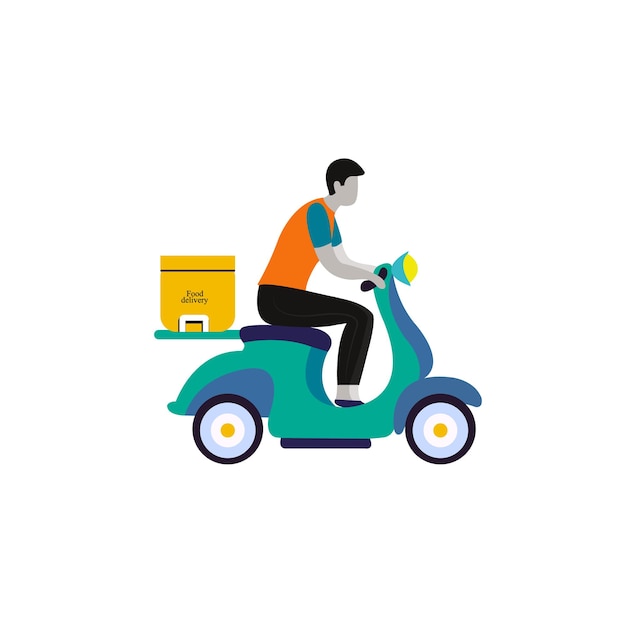 un hombre en un scooter con una caja que dice caja en la parte delantera
