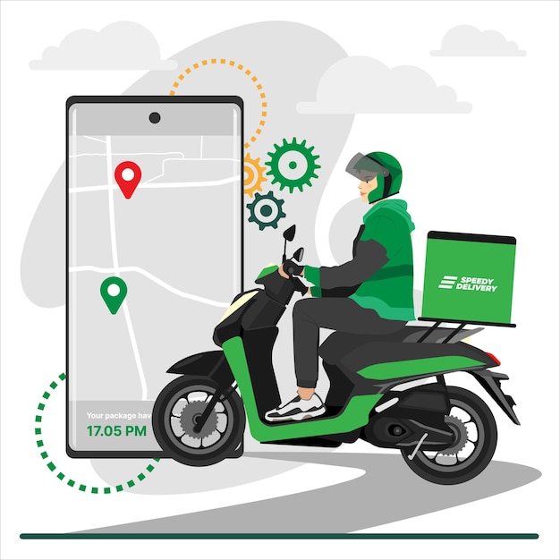 un hombre en un scooter con un teléfono y un mapa del nombre de la compañía en él