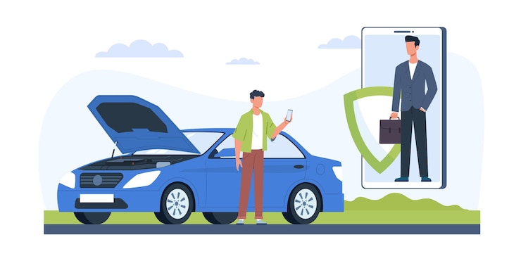 Vector el hombre del seguro de automóviles llama al servicio de seguros debido a la avería del automóvil agente en la pantalla del teléfono inteligente compensación por daños después de un accidente de transporte en la carretera concepto vectorial de estilo plano de dibujos animados