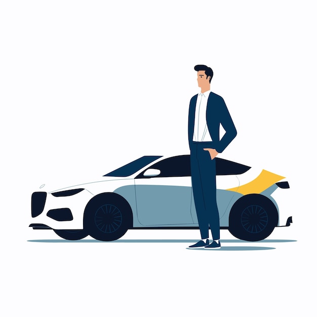 Vector hombre seguro de sí mismo está al lado del coche ilustración vectorial