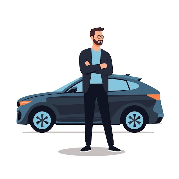 Vector hombre seguro de sí mismo está al lado del coche ilustración vectorial