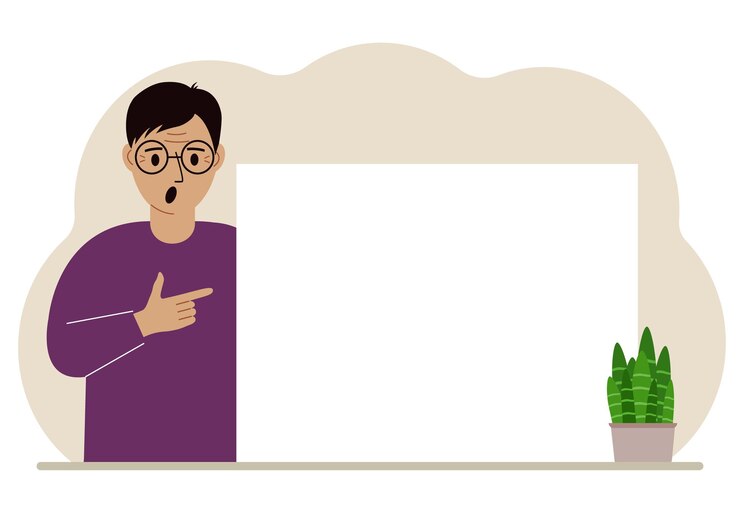 Vector un hombre señala con el dedo una pancarta grande y limpia, un afiche en blanco o una gran hoja de papel blanca con espacio para texto