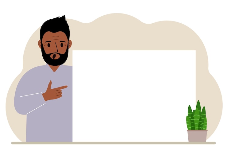 Vector un hombre señala con el dedo una pancarta grande y limpia, un afiche en blanco o una gran hoja de papel blanca con espacio para texto