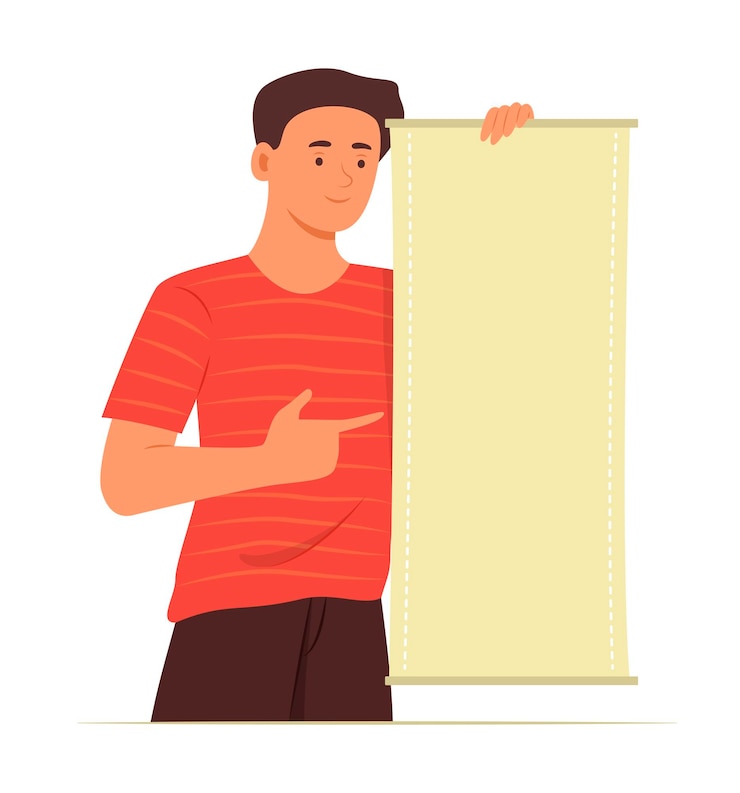 Vector hombre señalando y sosteniendo la pancarta vertical en blanco para la ilustración del concepto de espacio de copia