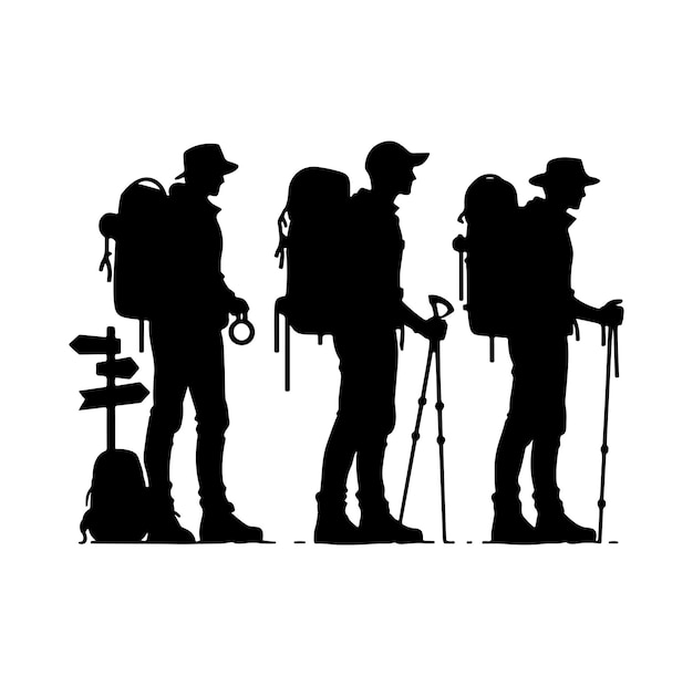 Vector hombre de senderismo silueta vectorial conjunto de siluetas de senderista silhouette de senderista con mochila silhouette vectorial