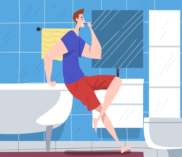 Hombre sentado en el borde de la bañera frente al espejo y cepillándose los dientes higiene de rutina diaria