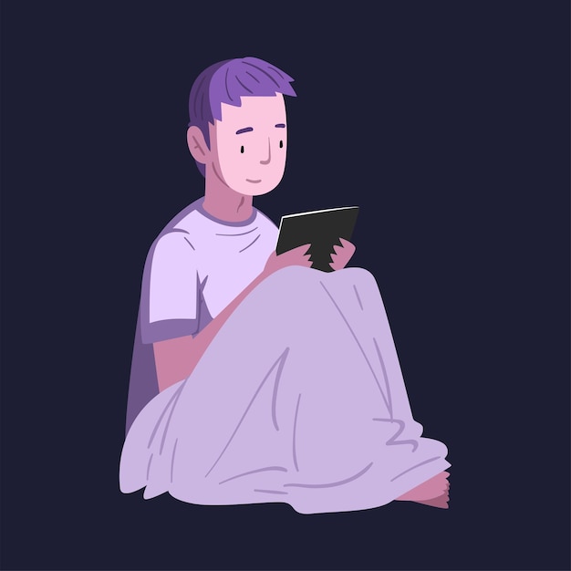 Hombre sentado en la cama con una tableta en la noche Hombre usando un gadget digital para jugar videojuegos en línea o conversar en redes sociales Ilustración vectorial