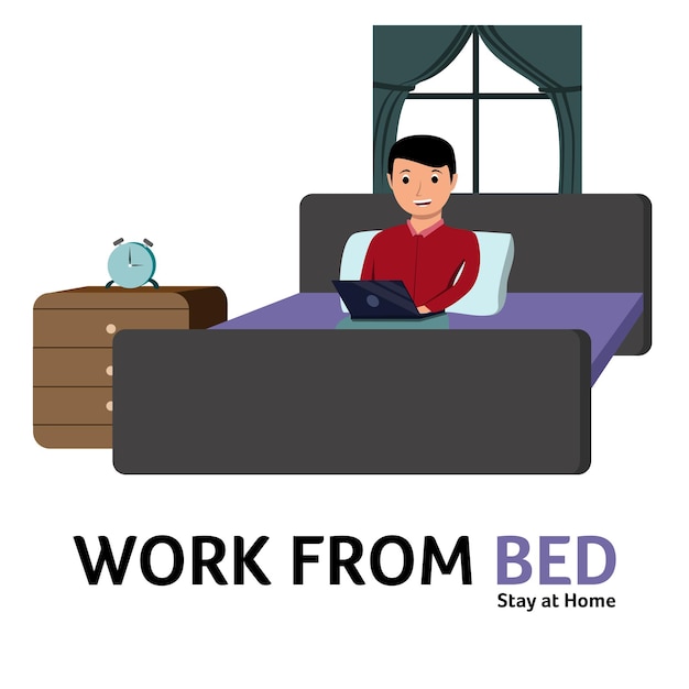 Hombre sentado en la cama y trabajando con la computadora portátil trabajar desde el concepto de hogar en el vector de ilustración de personajes