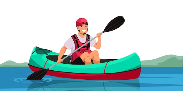 Hombre sentado en canoa y sosteniendo el remo, chico alegre remando en kayak a través del río o lago