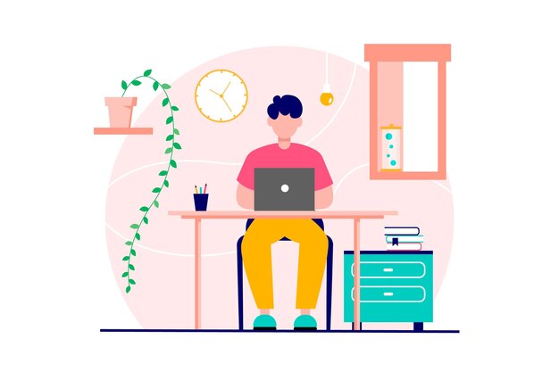 Hombre sentado en la computadora El concepto de trabajo remoto desde casa tomando cursos