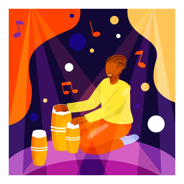 Hombre sentado en el escenario y tocando la batería Concepto de crear música al estilo africano