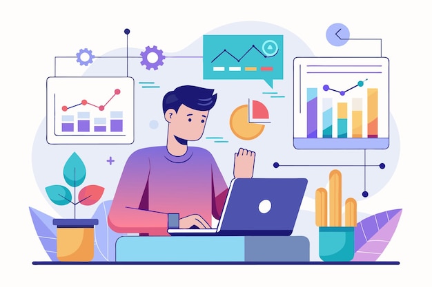Un hombre sentado en un escritorio centrado en la pantalla de su computadora portátil mientras analiza gráficos de datos digitales Trabajador analizando gráfico de datos digitales Ilustración vectorial plana simple y minimalista