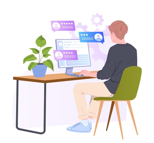 Hombre sentado en un escritorio usando una computadora leyendo reseñas en línea con calificaciones de estrellas estilo gráfico plano blanco