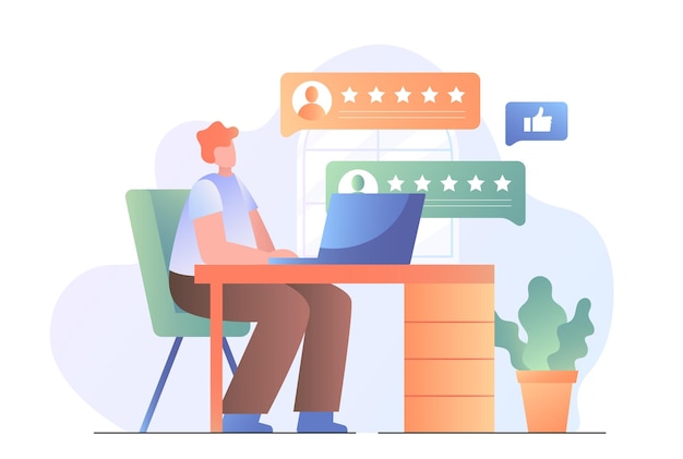 Hombre sentado en el escritorio usando una computadora portátil mientras revisa los comentarios de los clientes de cinco estrellas con el icono de thumbsup y