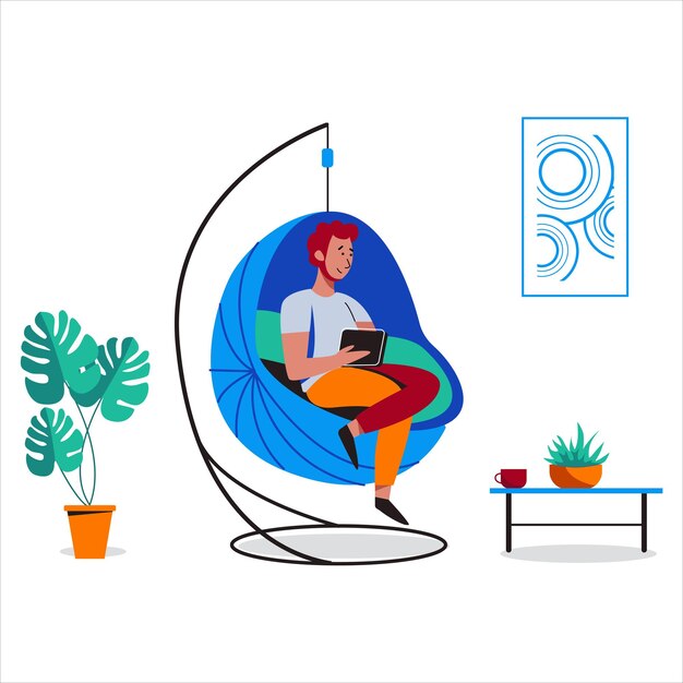 Hombre sentado en una hamaca y trabajando en un amigable espacio abierto lugar de trabajo Coworking trabajo en equipo freelance comunicación interacción idea actividad independiente concepto ilustración vectorial sobre fondo blanco